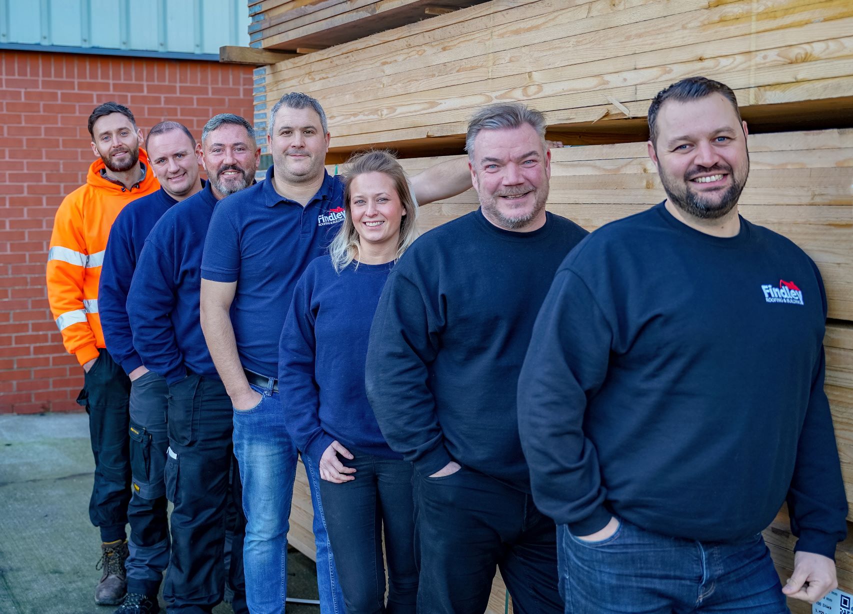 (L-R) Scaffolding manager Ricky Hubber, roofing estimator Ian Snow, roofing estimator Eddie Cox, finance manager Richard McClean, appointments co-ordinator Nicole McQuaker, sales & marketing manager Richie Carrigan and managing director Dean Coombe