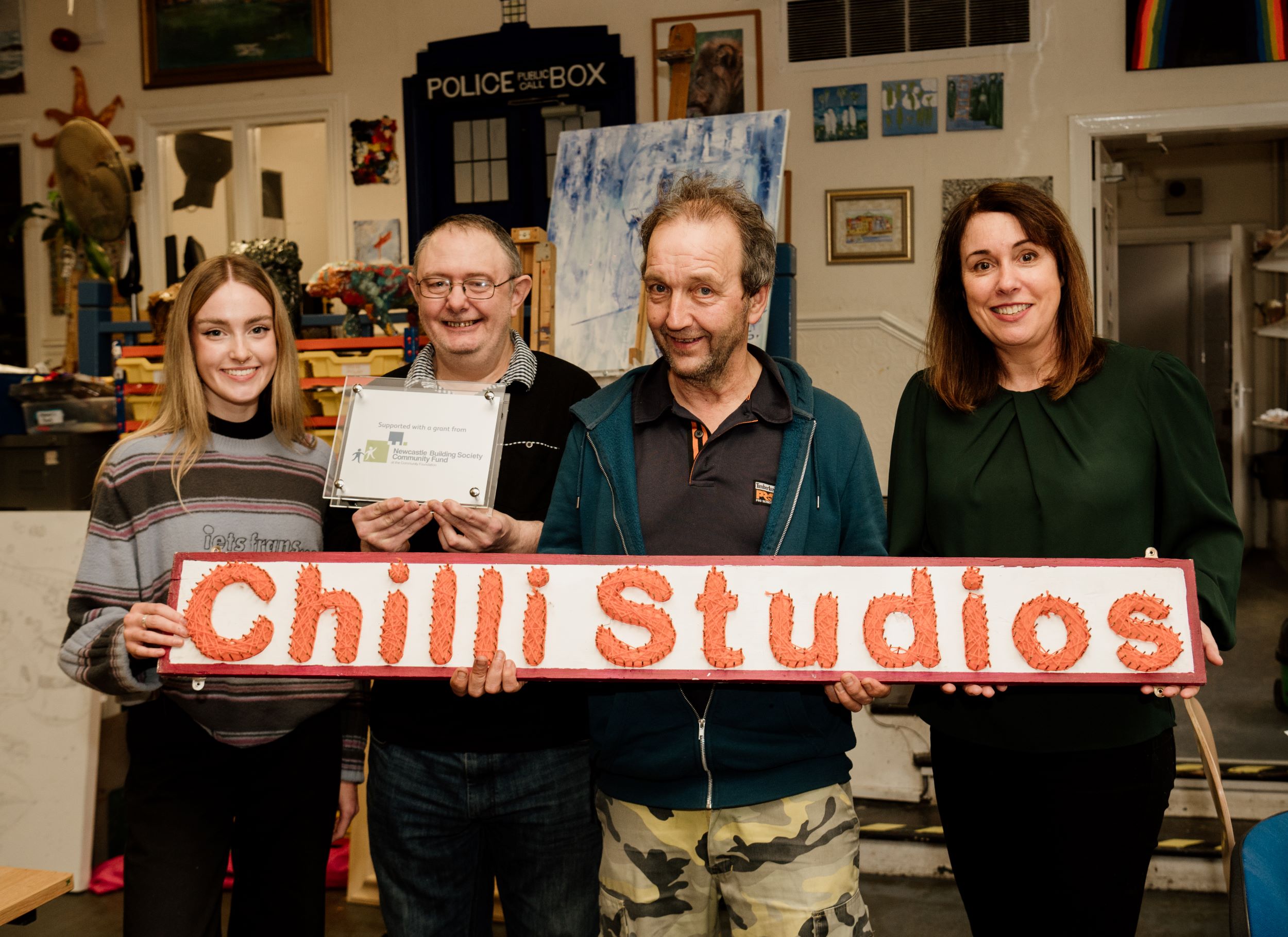 (from left) Leah Clements, Alan Evans and Barry Ormston of Chilli Studios with Kathryn McLaughlin of Newcastle Building Society
