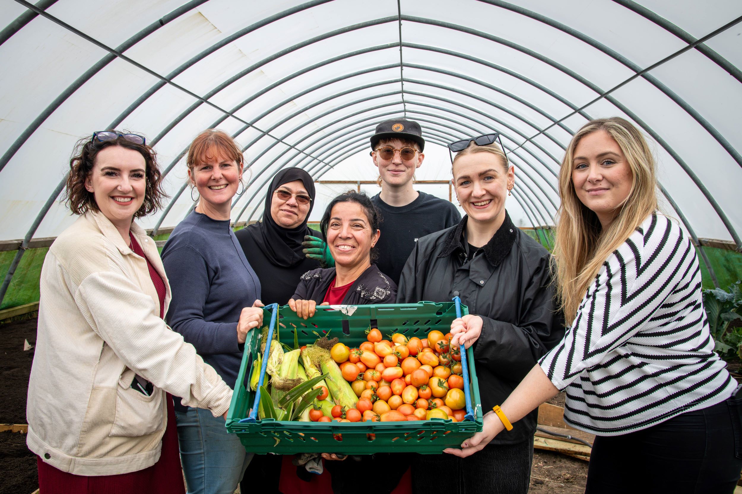 Kate Myers of Newcastle Building Society, WEWGC farm development manager Jill Heslop, project member Iqbal, WEWGC community gardener Shireen Abdullah, project volunteer Jen, Alice Millican of Newcastle Building Society and Charlotte Norrie of Newcastle Strategic Solutions