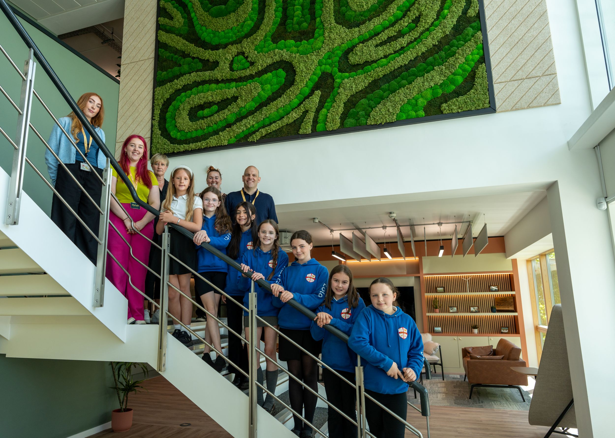 Pupils from St George’s CE Academy during their International Women In Engineering Day visit to OnPath Energy’s Sunderland headquarters with (back, from left) Eve Lewer and Leah Pearson of OnPath Energy, Julie McGrane, education consultant at knowhowEd, St George’s CE Academy deputy head Sarah Cox and Tom Chaplin of OnPath Energy